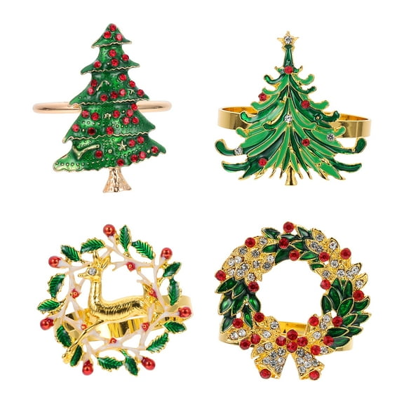 Viveous Christmas Rhinestone Napkin Holder Rings: 4Pcs Xmas Tree Wreath Deer Shape Serviette Rings Napkin Holder Holiday Xmas Table Centerpiece