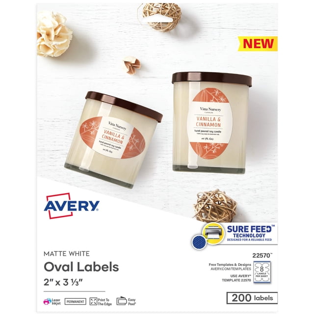 Etiquetas ovaladas en blanco imprimibles Avery 22570 Matte White 200