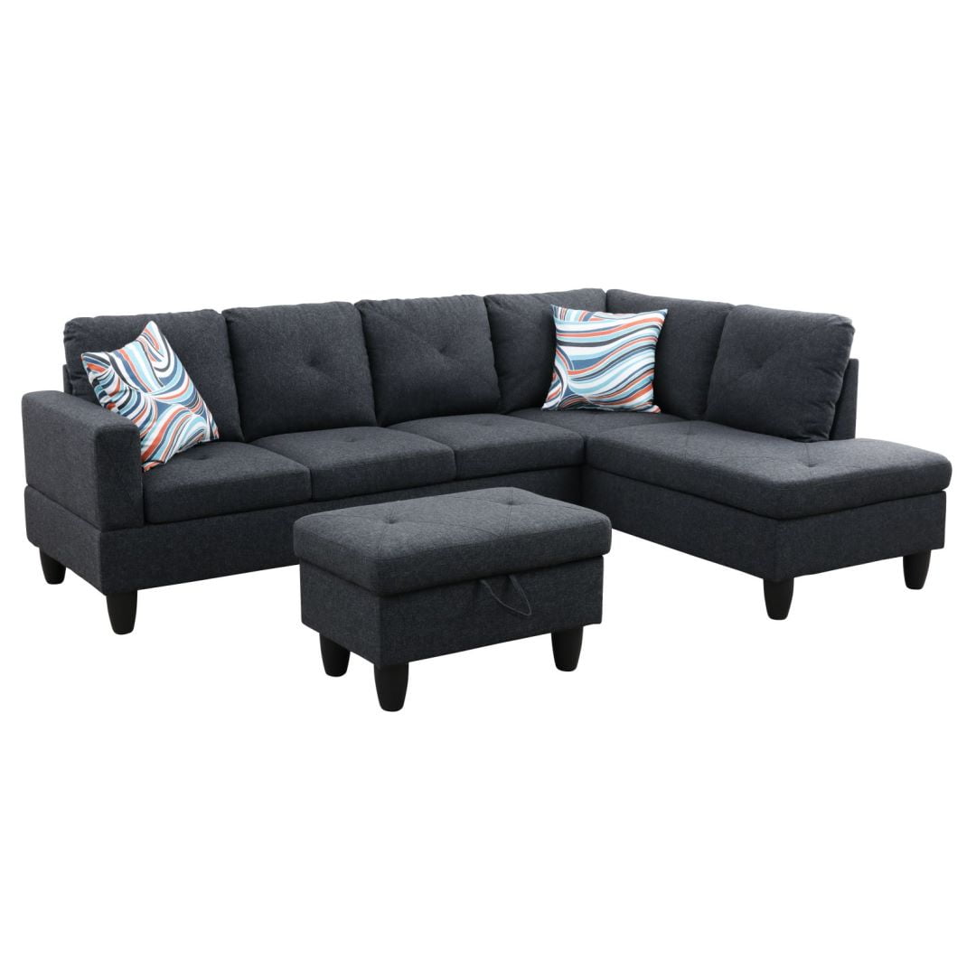 Hommoo Flannel Rectangular Storage Ottoman, Bench Tufted Footrest, Modern Lift Top Pouffe Ottoman for Living Room, Black Grey