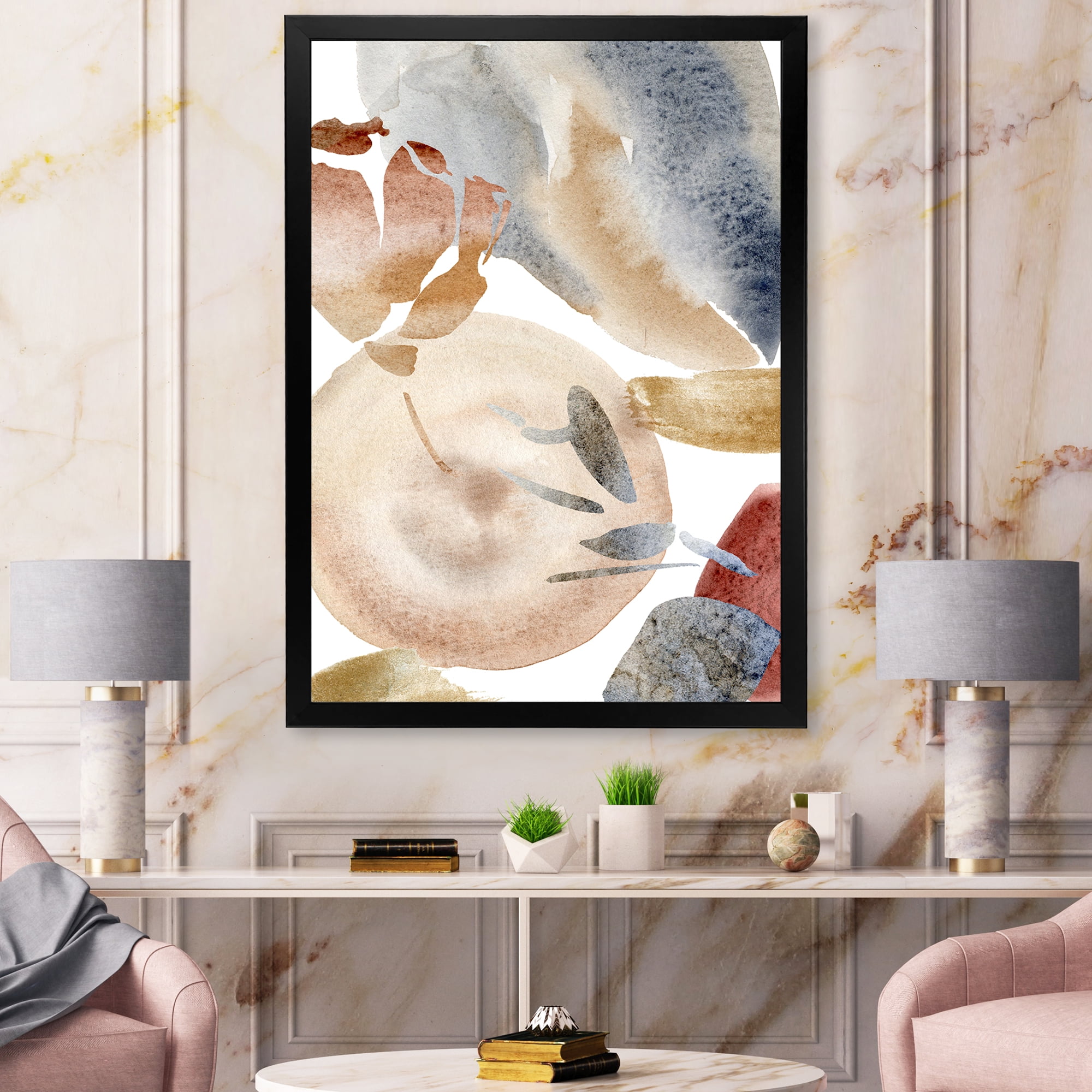 Designart 'Abstract With Red Pink Gold and Beige Spots Pastel' Modern Framed Art Print