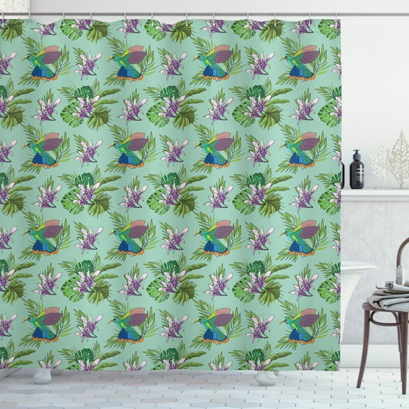Ambesonne Orchids Shower Curtain, Hummingbird Monstera Leaves, 69"Wx70"L, Multicolor