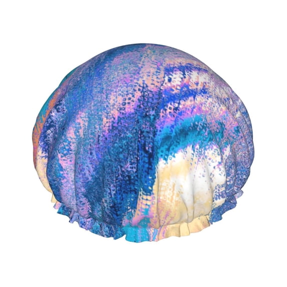 YFYANG Women's Double Waterproof Shower Cap, Blue Abstract Texture Reusable Hair Cap for All Hair Styles and Head Sizes