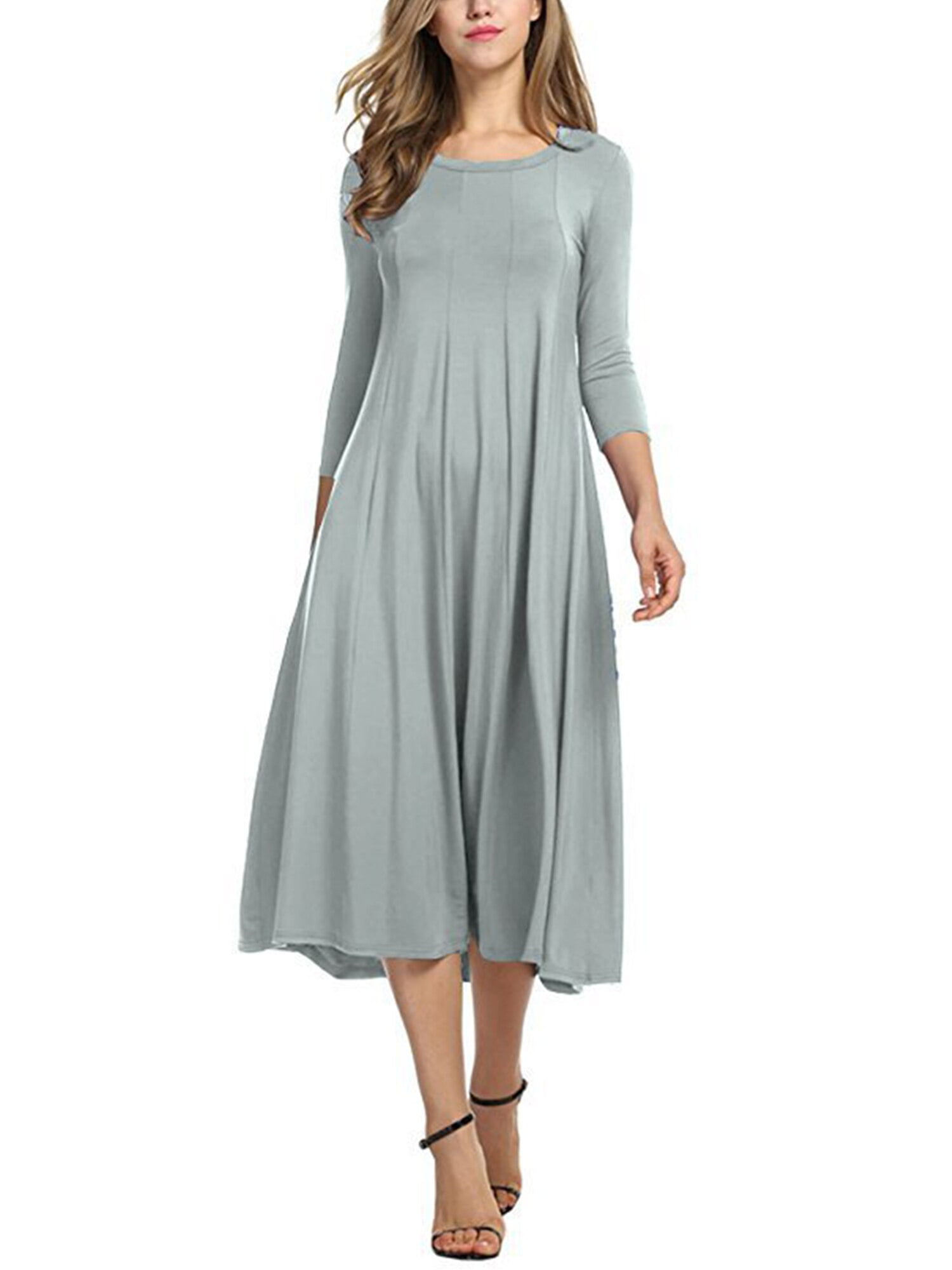Plus Size Women Long Sleeve Shirt Long Maxi Dress Casual Plain Loose Tunic Flared Swing Skater 