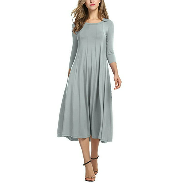 Avamo - Women's 3/4 Sleeves Solid Color Casual Long Dress A-Line Flare ...