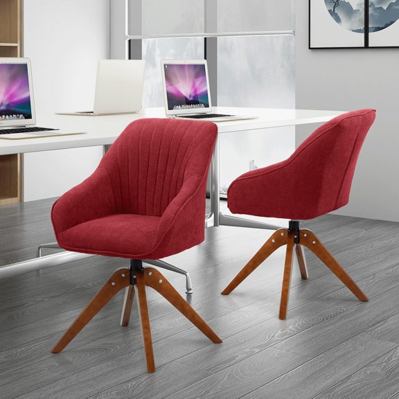 Killeryuki Swivel Accent Chair, 360° Rotating Modern Office Chair with Wood Legs, Velvet Upholstered Arm Chair for Office, Living Room, Bedroom-Burgundy-Set of 2
