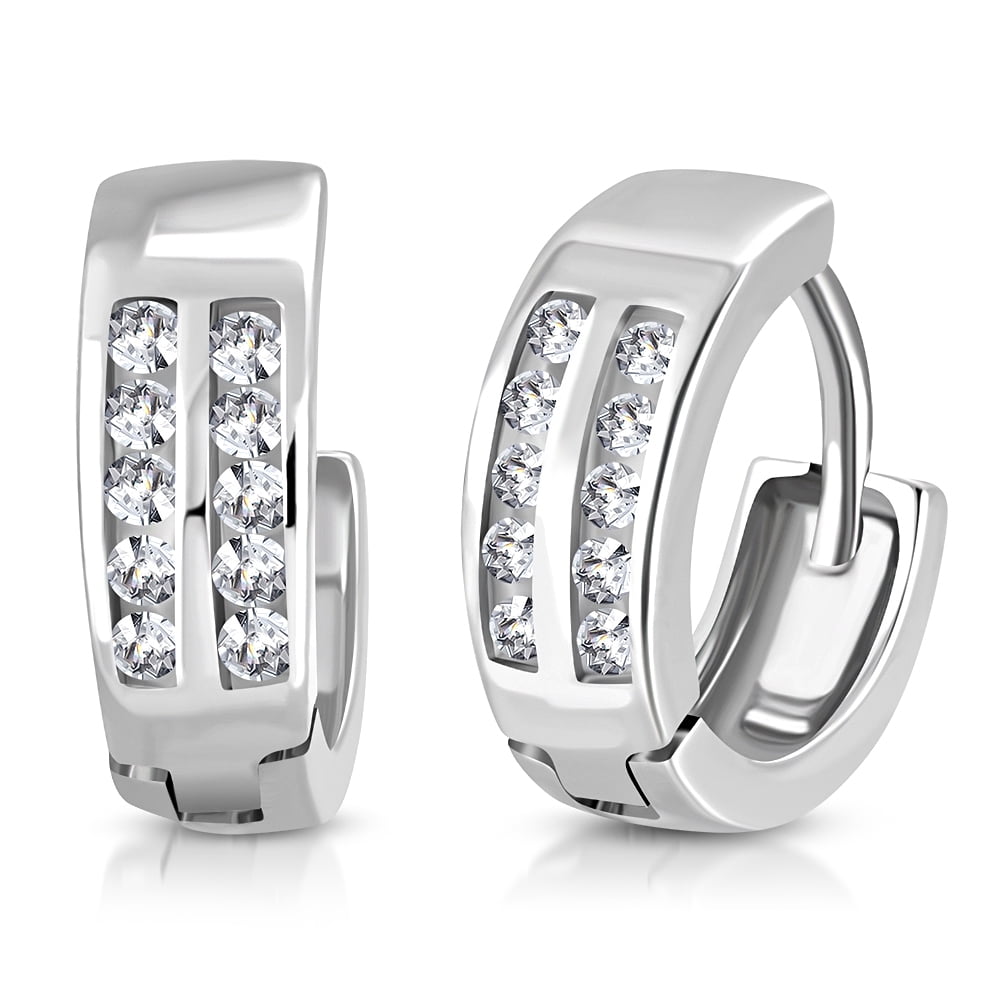 925 Sterling Silver White Clear CZ Hoop Huggie Small Earrings 0.45"