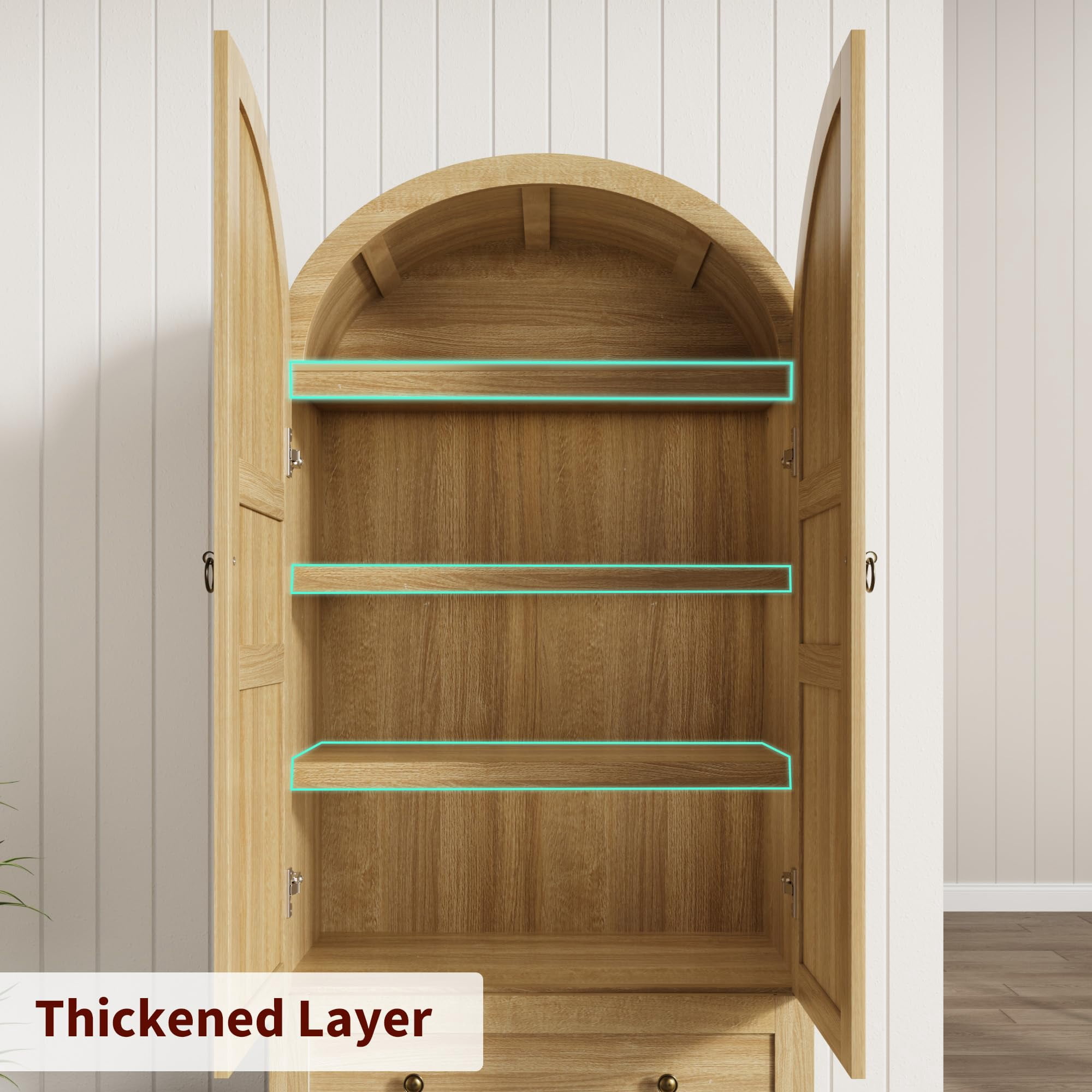 Luku Tall 72 inch Arched Pantry Cabinet, Farmhouse Freestanding Wood Storage with Wood Doors, 2 Drawers, 3 Shelves, Versatile Organizer for Kitchen, Dining, Living Room