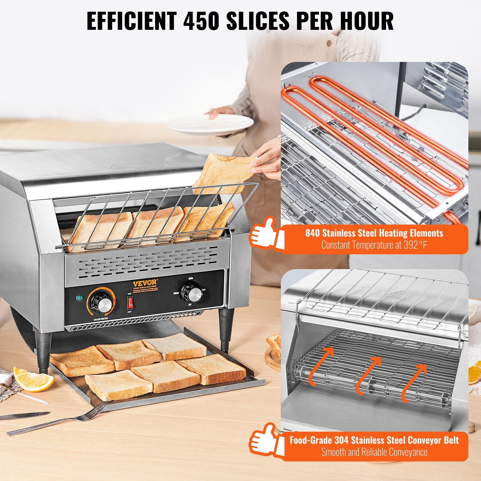 VEVOR Commercial Conveyor Toaster, 450 Slices/Hour Conveyor Belt Toaster, Heavy Duty Stainless Steel Commercial Toaster Oven, Electric Restaurant Commercial Toaster for Toast Bun, Bagel, Bread