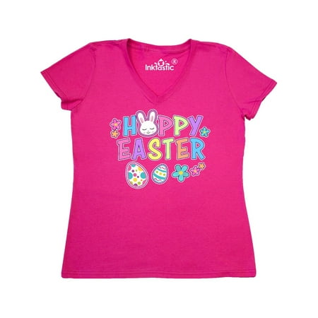 Bunny Faces - Happy Easter with Bunny Face and Easter Eggs Women's V-Neck T-Shirt