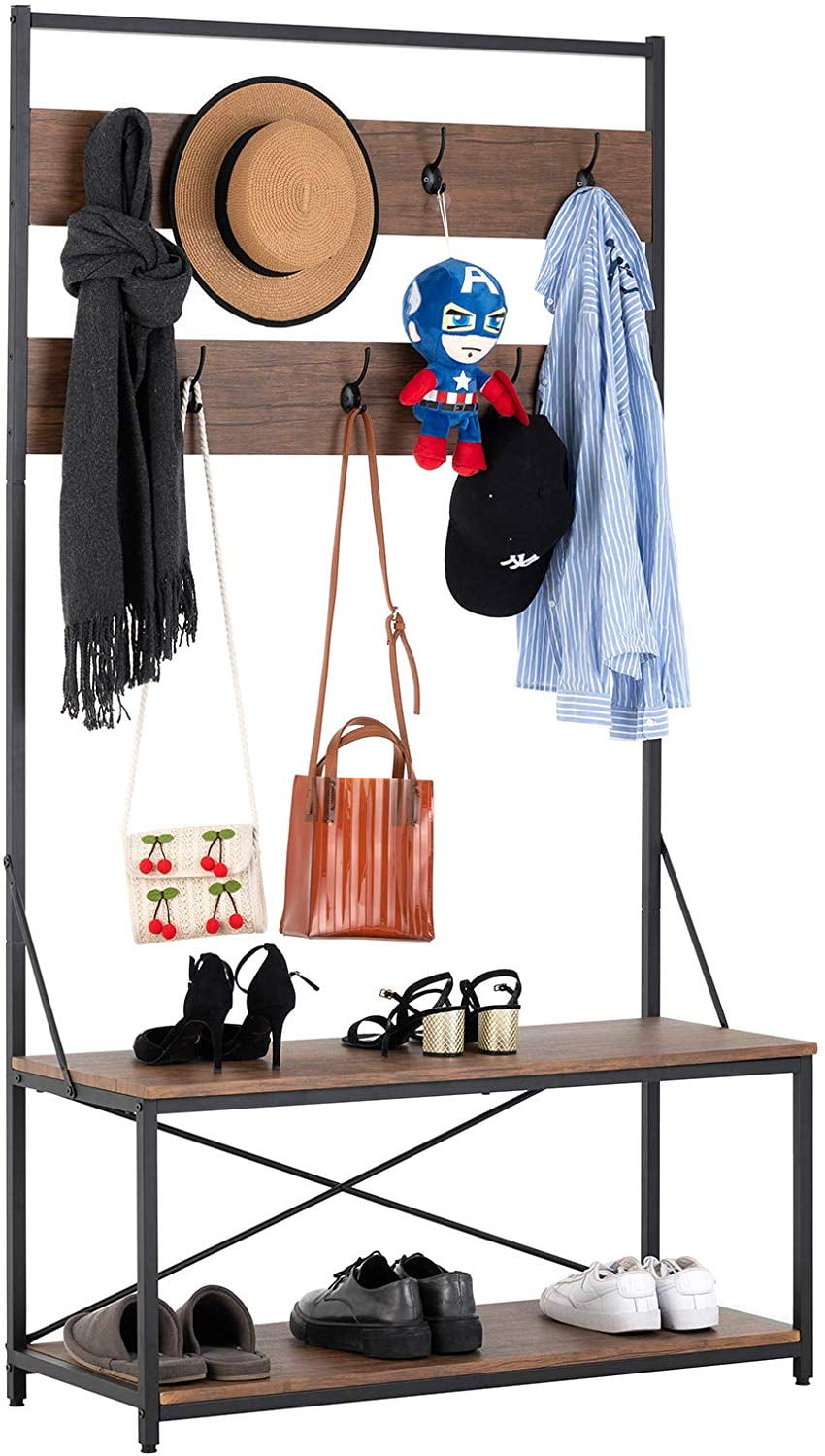 entryway shoe bench on Mecor 3 In 1 Industrial Coat Rack Hall Tree Entryway Shoe Bench With 2 Tier Shoe Bench And Coat Rack With 7 Hooks Large Size Easy To Assemble Rustic Brown Walmart Com Walmart Com