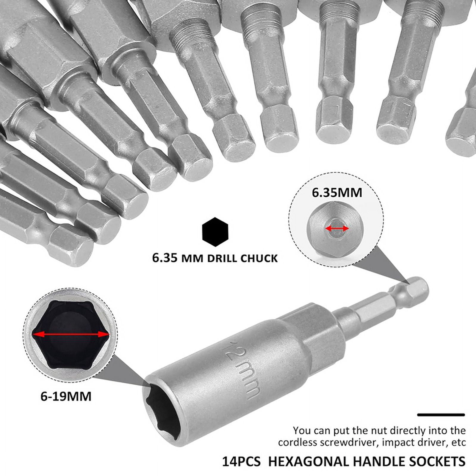 14Pcs Hexagonal Sockets Set, 6-19mm Deep Socket Adapter Kit Hex Nut Driver Bits Set Quick Change Nut Setter