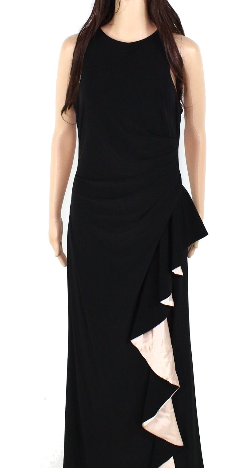 Betsy & Adam - BETSY & ADAM Womens Navy Ruched Contrast Ruffle Gown Sleeveless V Neck Full