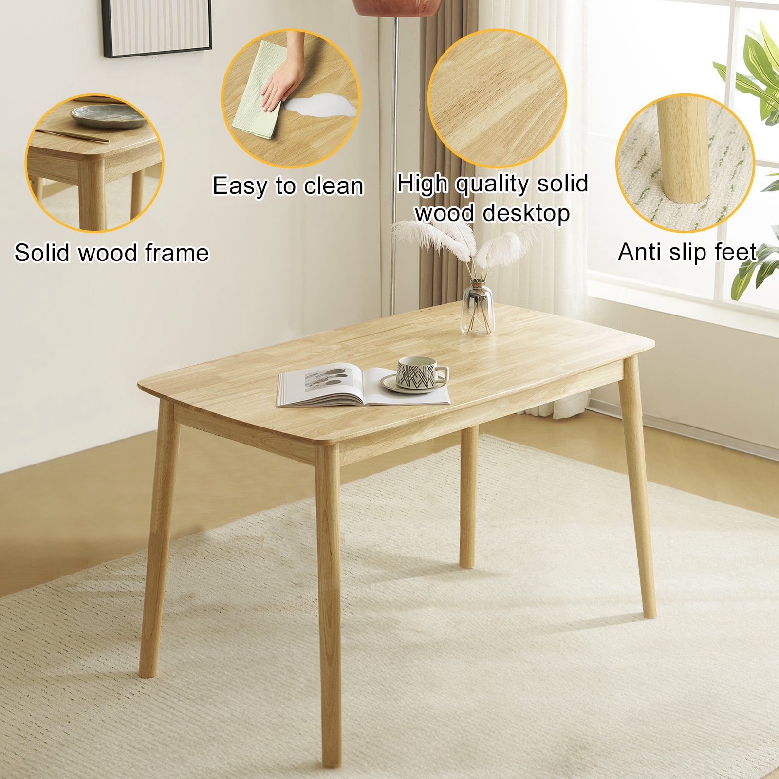 Ktaxon Dining Table Set for 4 Solid Wood Dinner Table with Padded Chairs for Home Kitchen Restaurant 47" Wood Color