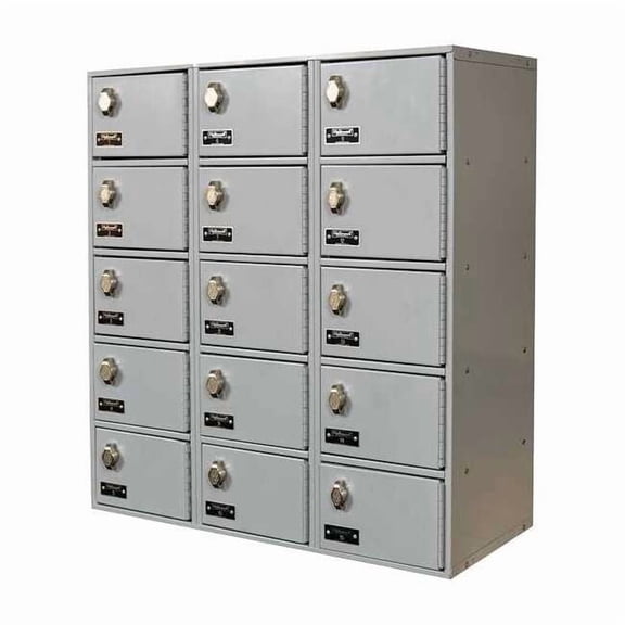 Cell Phone Locker, 27 in W, 12 in D, 30 1/2 in H, (3) Wide, (5) Tier, Light Gray