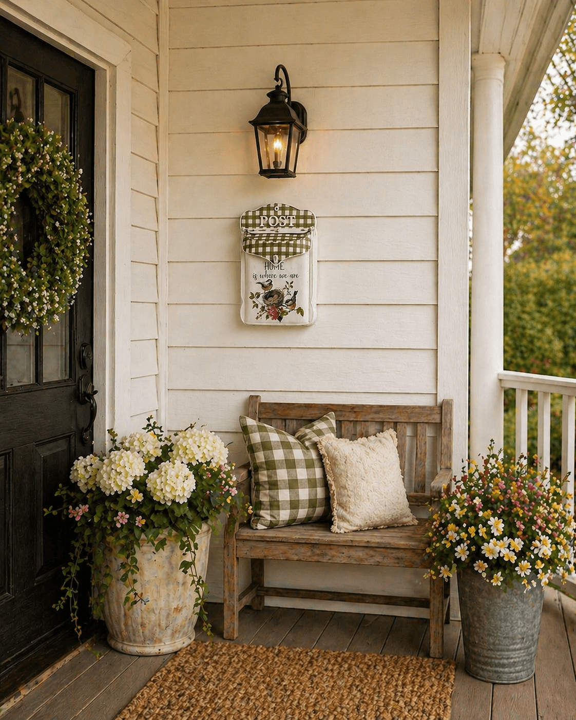 Decorative Metal Mailbox Wall Mount Farmhouse Post Box White Olive Plaid Bird Nest Design Indoor Outdoor Covered Porch Garden Decor 15.5" x11"