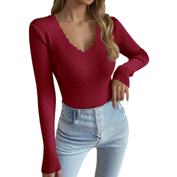 SGMVNU Sweaters for Women V Neck Soft Knit Ribbed Sweater Basic Long Sleeve Pullover Knits Top Lightweight Fall Outfits M