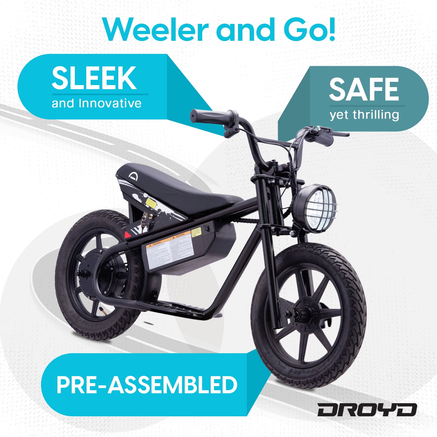Droyd Weeler Electric Mini Bike for Kids 6-12 - 24V 8Ah Battery, 6-10 MPH, Up to 8 Miles, LED Lights