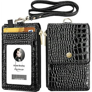  ELV Badge Holder with Zipper and Lanyard, PU Leather ID Badge  Card Holder Wallet with 5 Card Slots, RFID Blocking Pocket, Adjustable  Detachable Neck Lanyard with Keychain and Pen Holder 