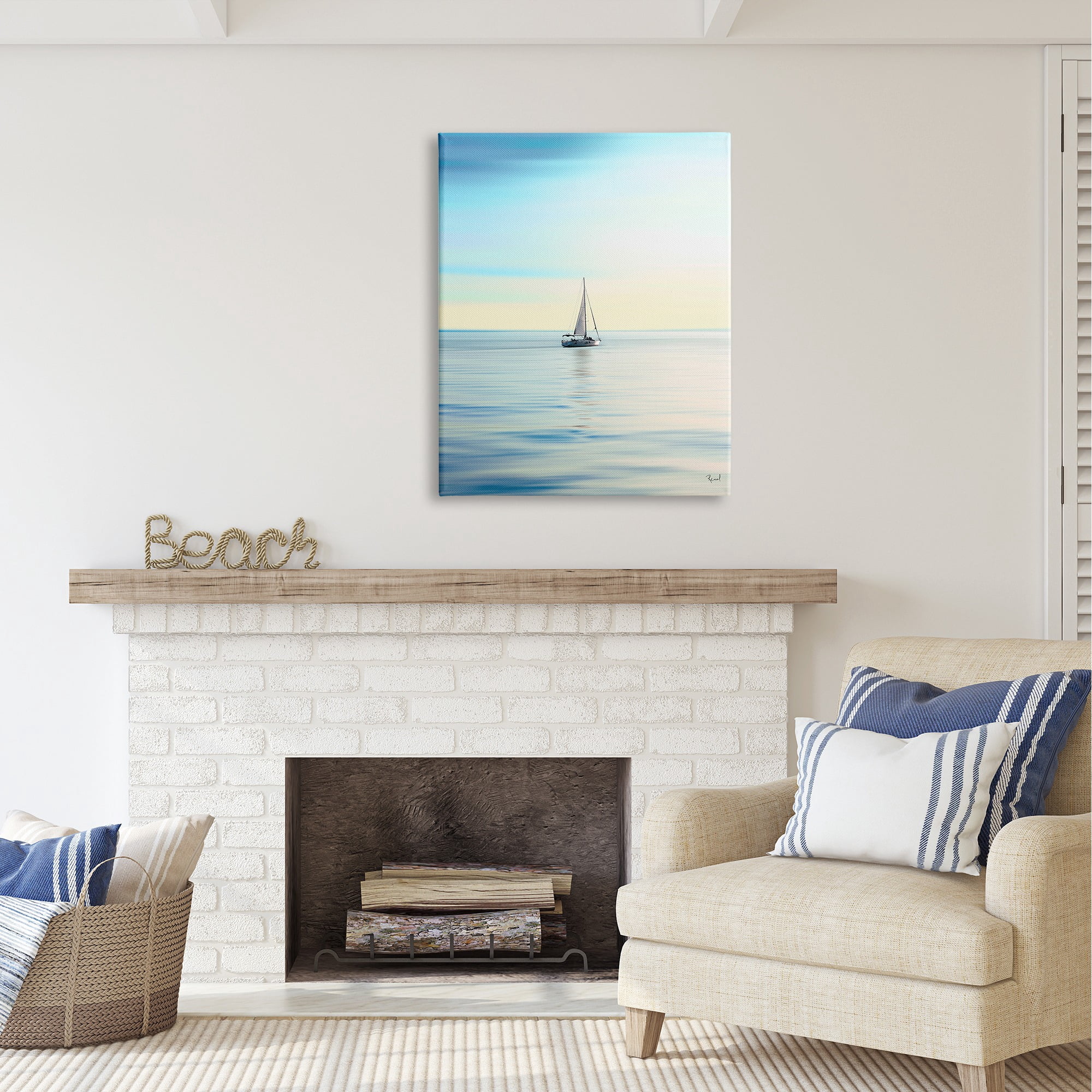 Stupell Industries Blue Sunlit Sailboat Transportation Painting Gallery Wrapped Canvas Art Print Wall Art, 30 x 40