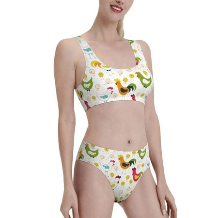 Uemuo Chickens A Printed Women s High Waisted Bikini Sets Sporty Two Piece Swimsuits Color Block Cheeky High Cut Bathing Suits-Large