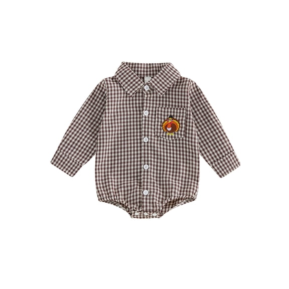 Cjfdfy Newborn Baby Girl Boy Thanksgiving Clothes Turkey Embroidery Romper Long Sleeve Button Down Collared Plaid Bodysuit Infant Cute Turkey Thanksgiving Fall Winter Outfit