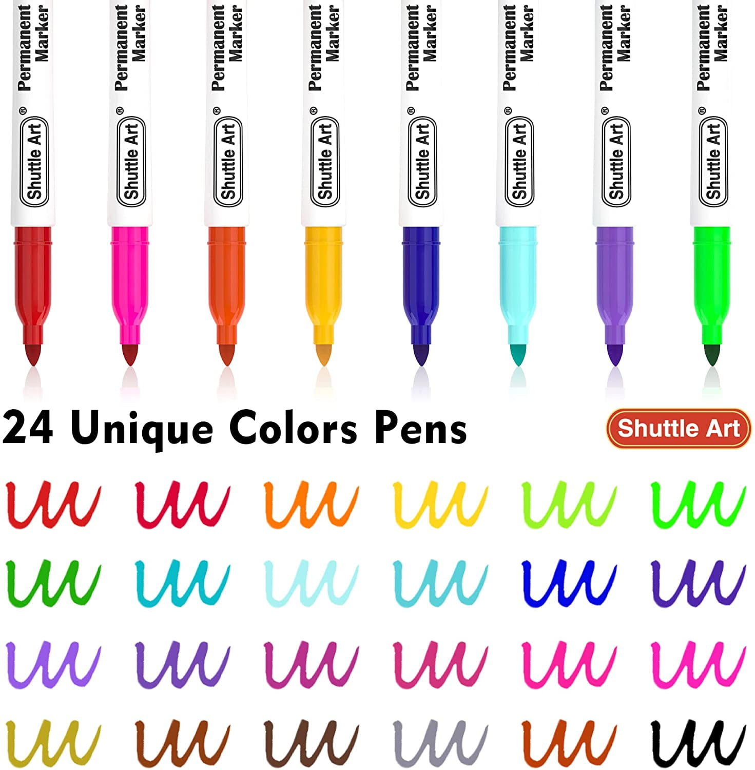 (3 pack) Permanent Markers, Shuttle Art 24 Colors Fine Point Assorted Colors Permanent Marker Set, Works on Plastic,Wood,Stone,Metal and Glass for Doodling, Coloring, Marking