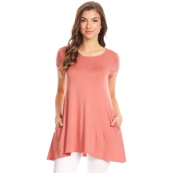 Women's Casual Solid Color Short Sleeve Tunic Top With Pockets