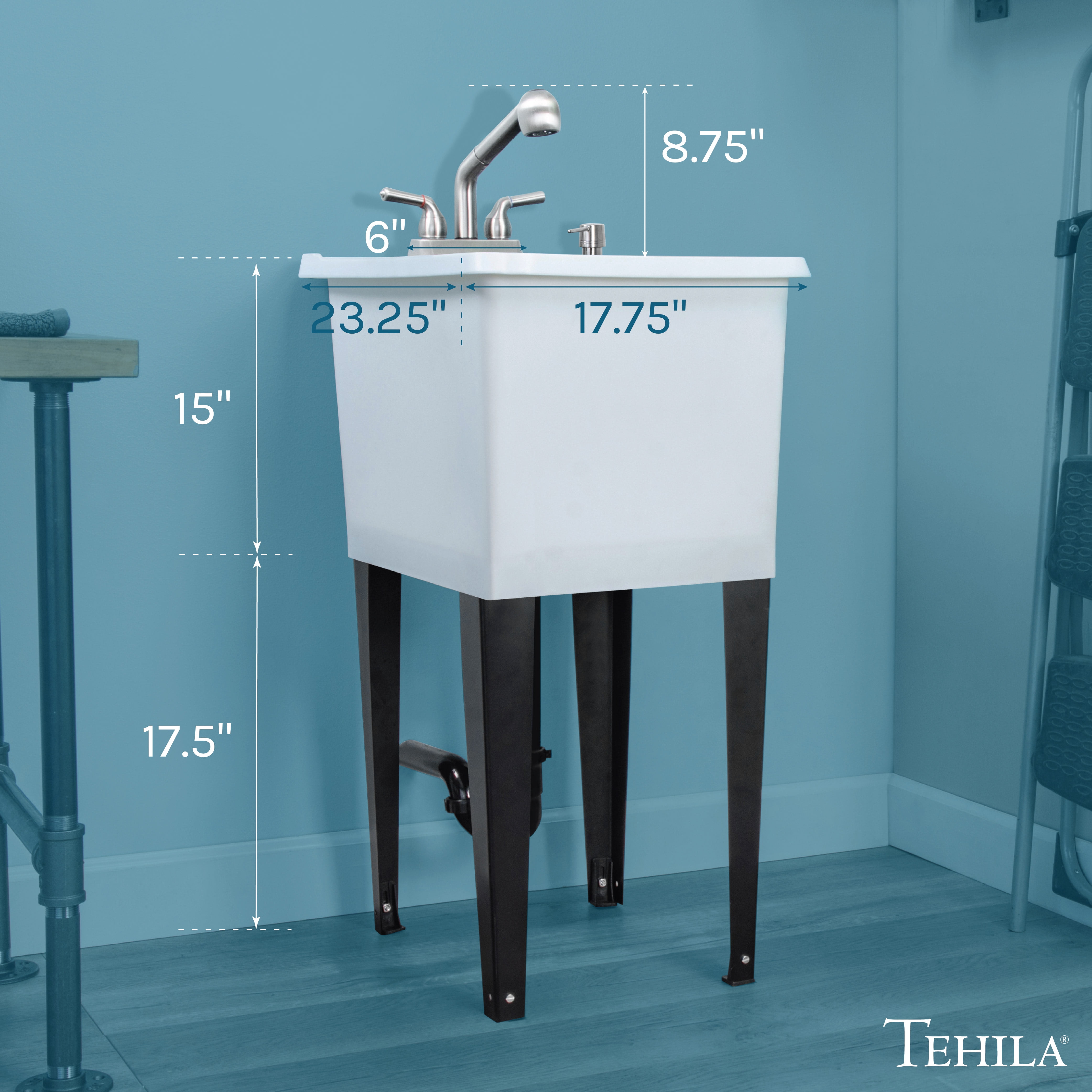 Tehila Free Standing 16 Gallon White Laundry Utility Sink Tub with Stainless Finish Pull-Out Faucet