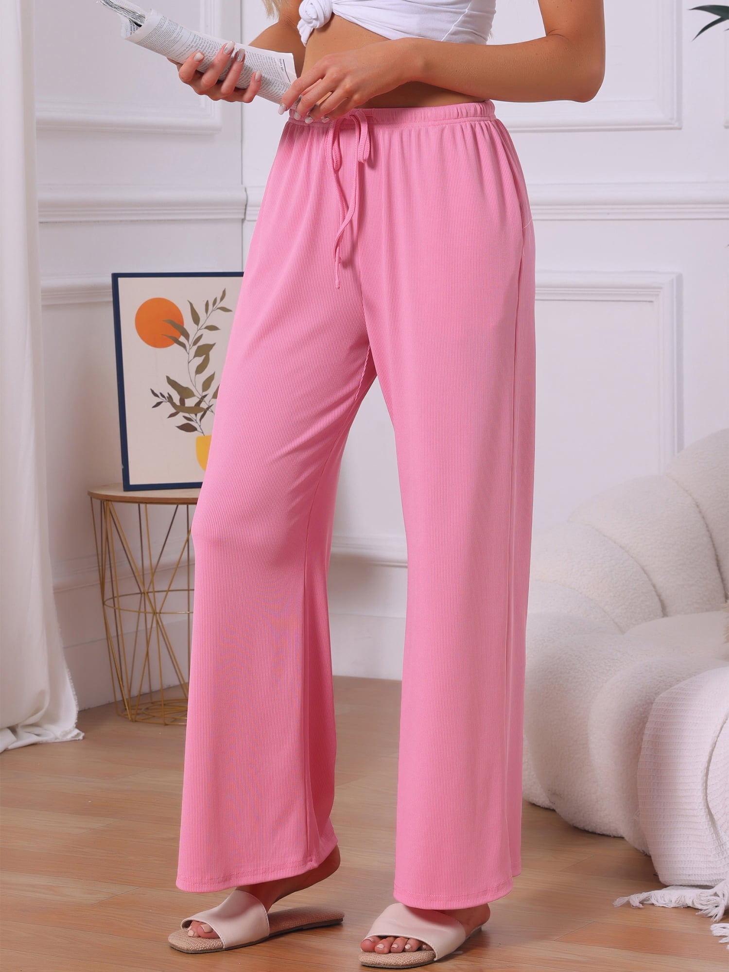 DARING DIVA Women's Wide Leg Ribbed Knit Comfy Loose Fit Pajama Bottoms L Pink