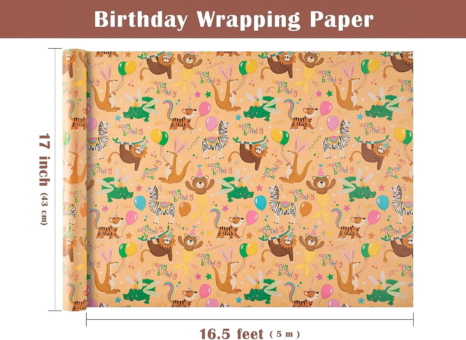 Kraft Animal Birthday Wrapping Paper Roll - Mini Roll - 17 Inch x 16.5 Feet - Animal Happy Birthday Wrapping Paper Perfect for Kids, Baby Shower