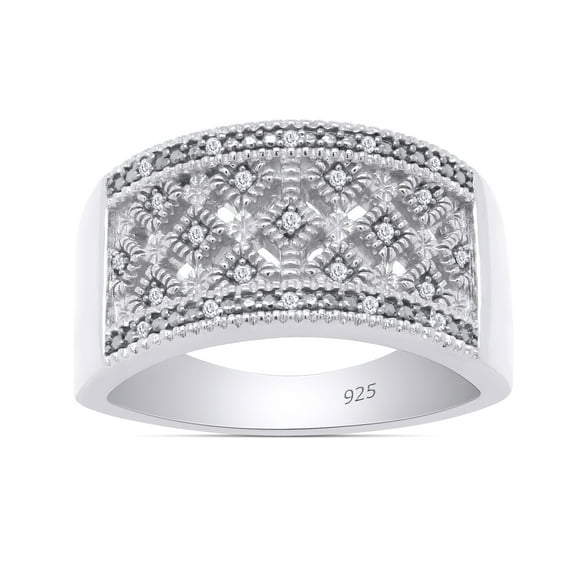 AFFY 0.04 Ct Round White Natural Diamond Wedding Band Ring in 14k White Gold Over Sterling Silver (Clarity I2-I3) Ring Size : 4