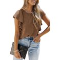 thumbnail image 1 of Tops de verano para mujer, cuello redondo, estilo volante acanalado, Color puro, camisa informal holgada para mujer, para fiesta, compras, oficina, marrón, XL, 1 of 6