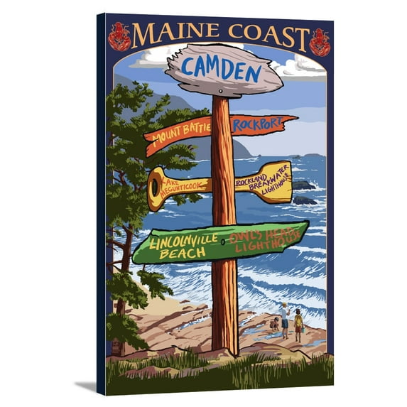 Camden, Maine - Destinations Sign - Lantern Press Artwork (16x24 Gallery Wrapped Stretched Canvas)