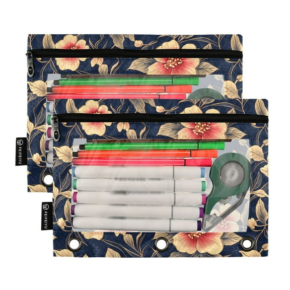 2 Pack Pencil Pouch for 3 Ring Binder Smooth Zipper Folders with Pockets Clear Window Pencil Case Luxury Flower and Leaf