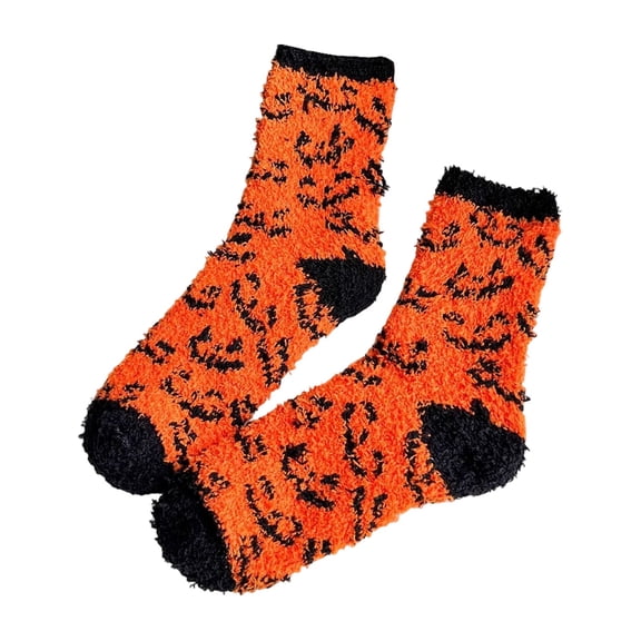 Women Halloween Fuzzy Socks Pumpkin Thick Cozy Sleep Crew Socks Cute Home Winter Calf Socks