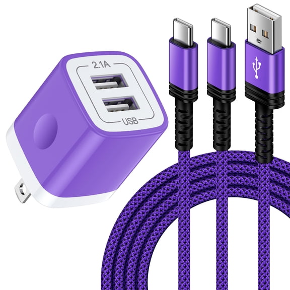 Type C Charger Block,with 2PACK Android Charger Fast Charging Cable 10ft 5V/2.1A HopePow Dual Port Usb Charger Block Wall Adapter Plug Brick Phone Chargers for Android Phone Type C,Purple