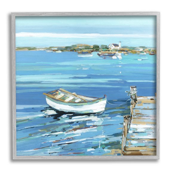 Stupell Industries Docked Dinghy Lake Scenery Painting Gray Framed Art Print Wall Art, Design by Sally Swatland