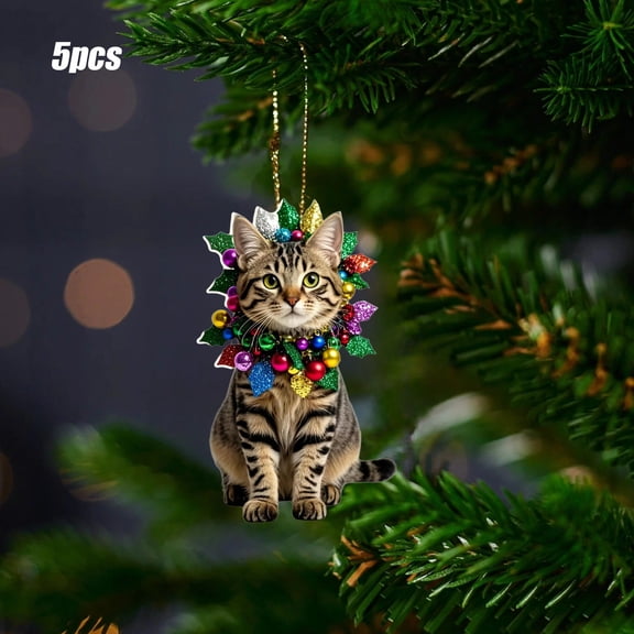 Coollooc 5Pcs Acrylic Tabby Cat Christmas Hanging Ornament with Loop | for Car Interior, Keychain, Backpack, Home, Garden, Patio & Party | Playful Design, Handcrafted Look, Pet Lovers
