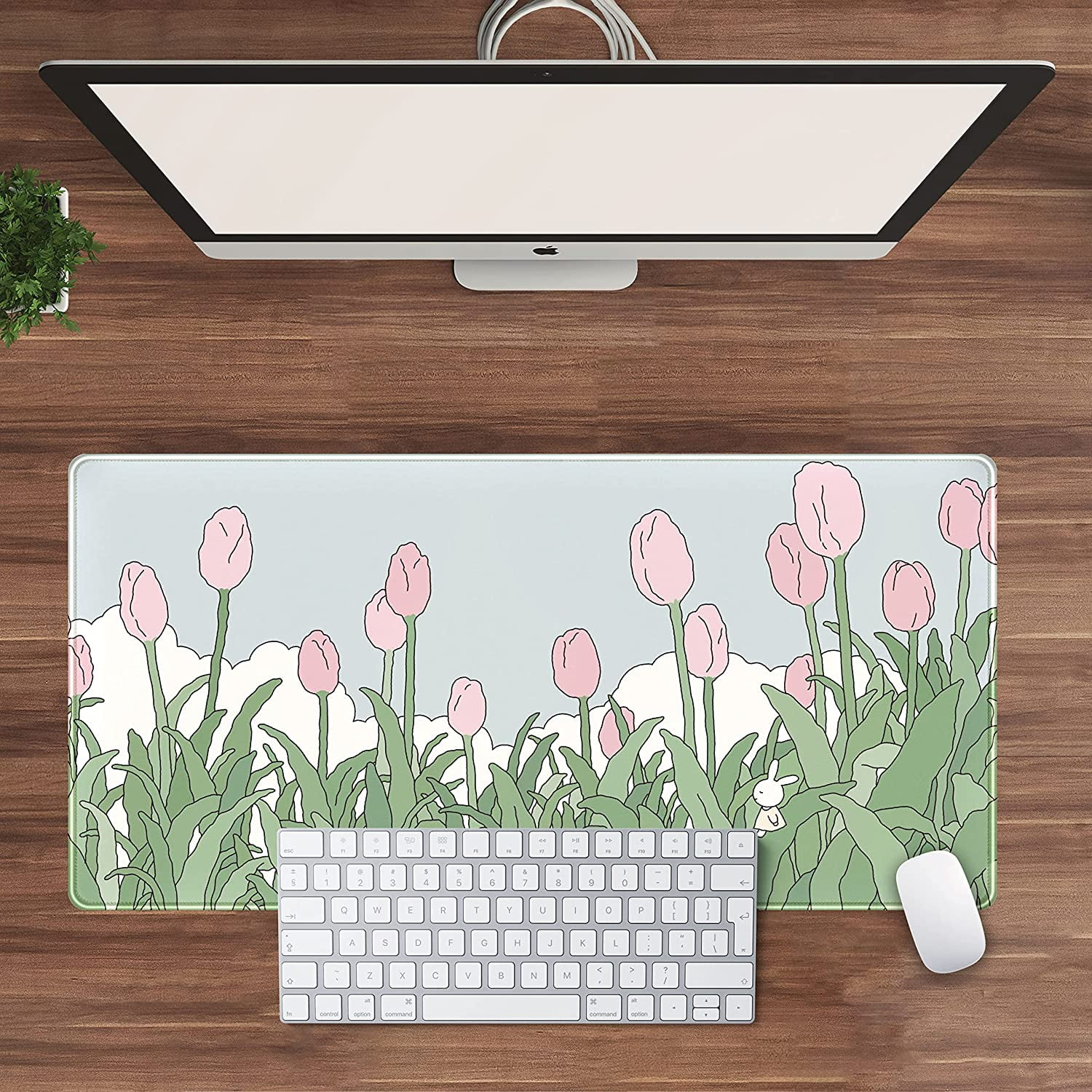 Kawaii Cartoon Rabbit Desk Mat, Tulip Desk Pad Anime Flowers