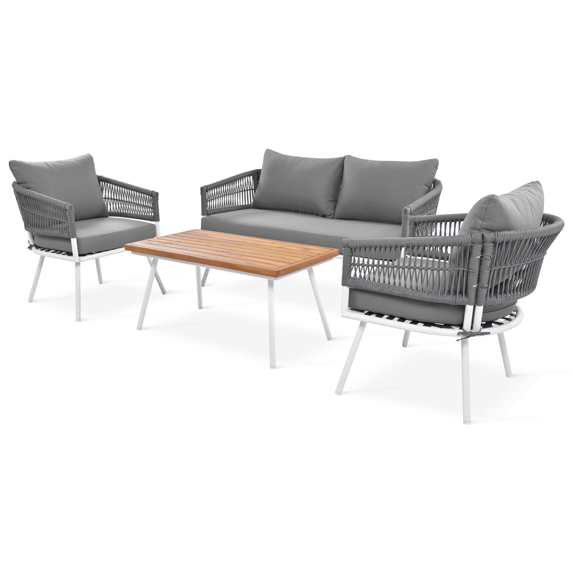 Aimee Lii 4-Pieces Boho Patio Furniture Set, Patio Conversation Set with Acacia Wood Table and Thick Cushion, Outdoor Furniture for Backyard Porch Balcony, Gray Aimee Lii 4-Pieces Boho Patio Furniture Set, Patio Conversation Set with Acacia Wood Table and Thick Cushion, Outdoor Furniture for Backyard Porch Balcony, Gray