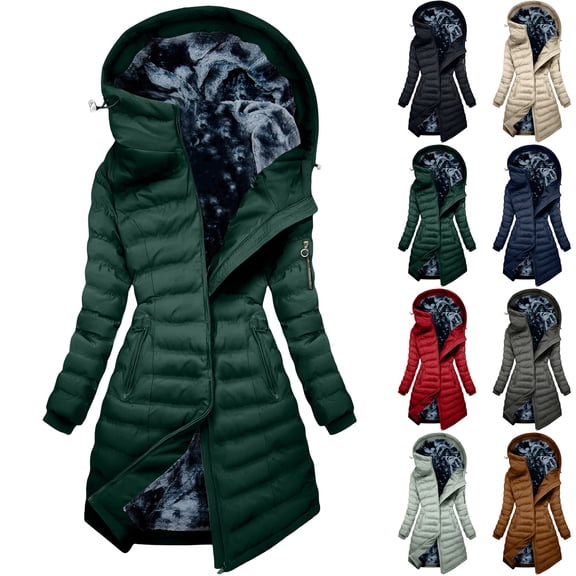 Puffer Coat for Women Lined Long Quilted Asymmetric Zipper Hooded Slim Fit Windproof Warm Winter Parka Jacket with Multi Zipper Pockets
