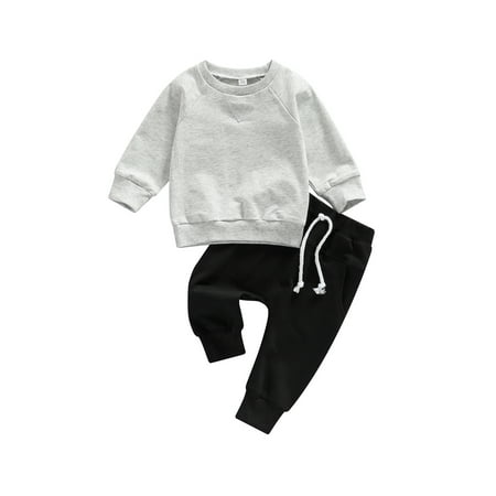 

Baby Boy Clothes 2pcs Fall Outfits Long Sleeve Solid Sweatshirt T-Shirt Top Striped Drawstring Pants Set