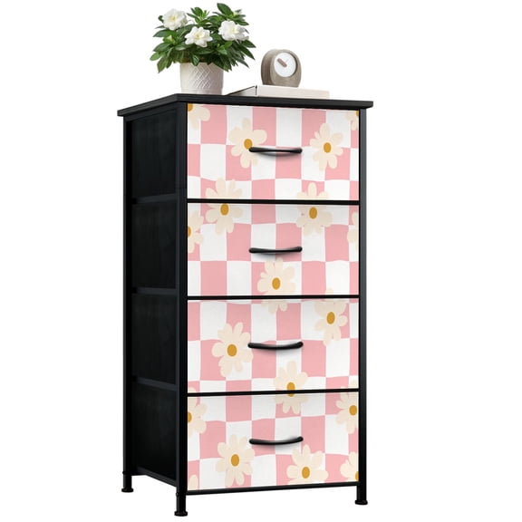 Kanworse 4 Drawer Fabric Dresser for Bedroom Pink White Checkered Chests of Drawers for Closet Organizers Storage