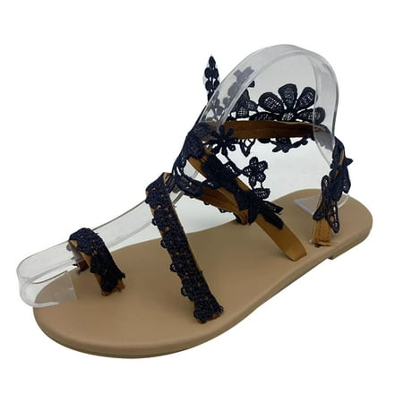 

Women\ s Boho Flat Sandals Summer Casual Lace Pearl Flip Flop Sandals Beach Wedding Dressy Sandals Walking Shoes