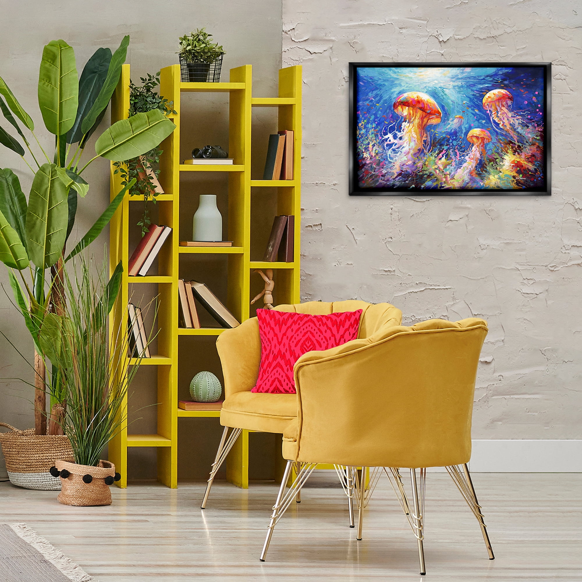 Stupell Industries Jellyfish Serenade Underwater Animals & Insects Painting Black Floater Framed Canvas Art Print Wall Art, 25 x 17