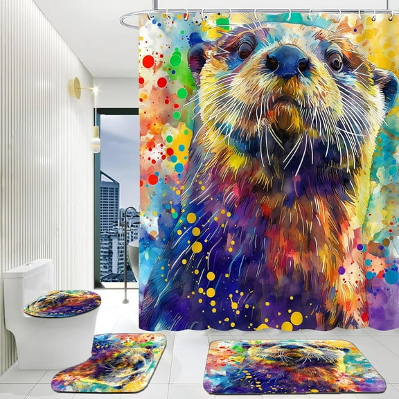4 Pcs Colorful Otter Bathroom Set with Waterproof Fabric Shower Curtain set with Hooks, Toilet Lid Cover, Bath Mat, and Contour Rug, 72x72 Inches,Decor,Gifts