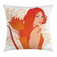 thumbnail image 1 of Zodiac Sagittarius Throw Pillow Cushion Cover, Archer Woman with Swirled Leaves Background Cartoon Zodiac Design, Decorative Square Accent Pillow Case, 16 X 16 Inches, Tan and Vermilion, by Ambesonne, 1 of 2