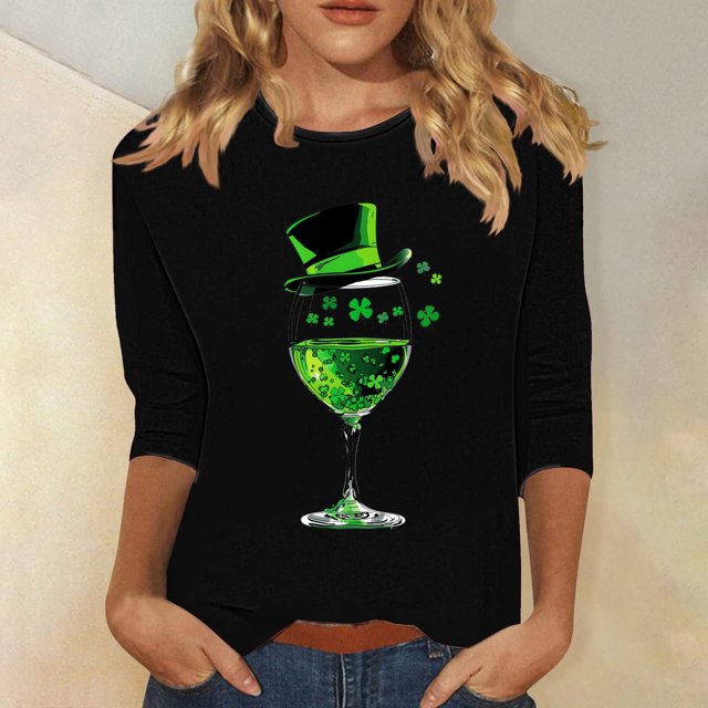 Meichang Chemises pour Femmes Joyeuse Fête de la Saint-Patrick Hauts T-Shirts Graphiques Porte-Bonheur Manches 3/4 Chandails Décontractés à Col Rond Hauts Irlandais Porte-Bonheur