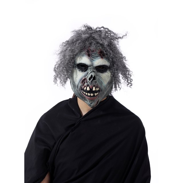 Máscara de zombi de terror, realista, de resina, cara aterradora con pelo gris