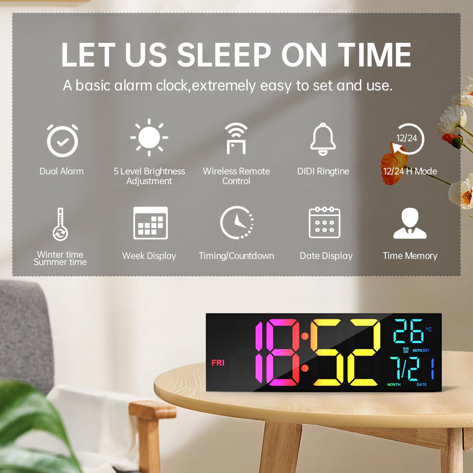 Mee 2ou 16" Large Digital Clock With Temperature, Date, Auto DST, Night Light, Auto Brightness Dimmer, 24/12-hour Wall Clock for Living Room Garage Office Classroom Gym Shop Decor